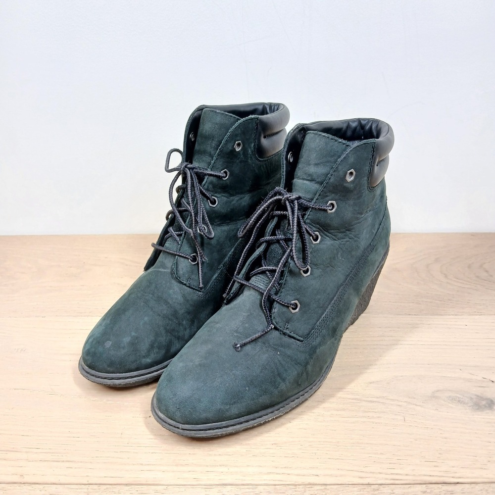 Timberland Boots Womens 10 Green Leather Ankle Wedge Heel Lace Up Bootie